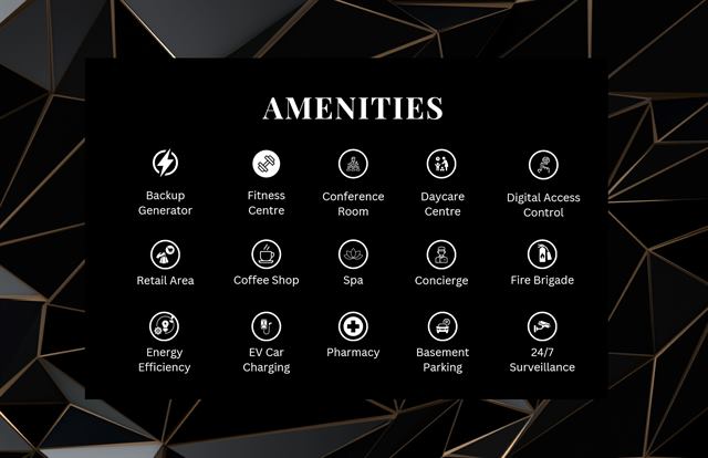 Amenities page: fifteen amenity icons on a black and gold background