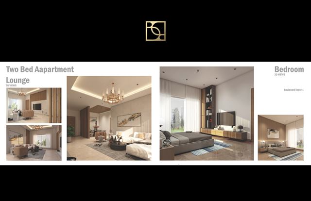 Two-bedroom apartment interior renders: lounge and bedroom