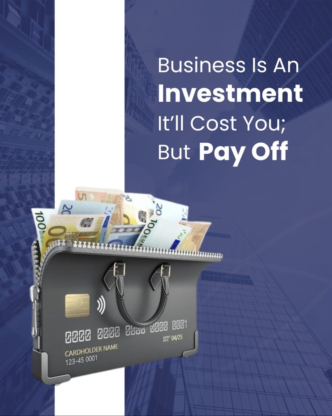 Centrum post: Business is an investment, with a card-shaped bag full of banknotes on a navy city background