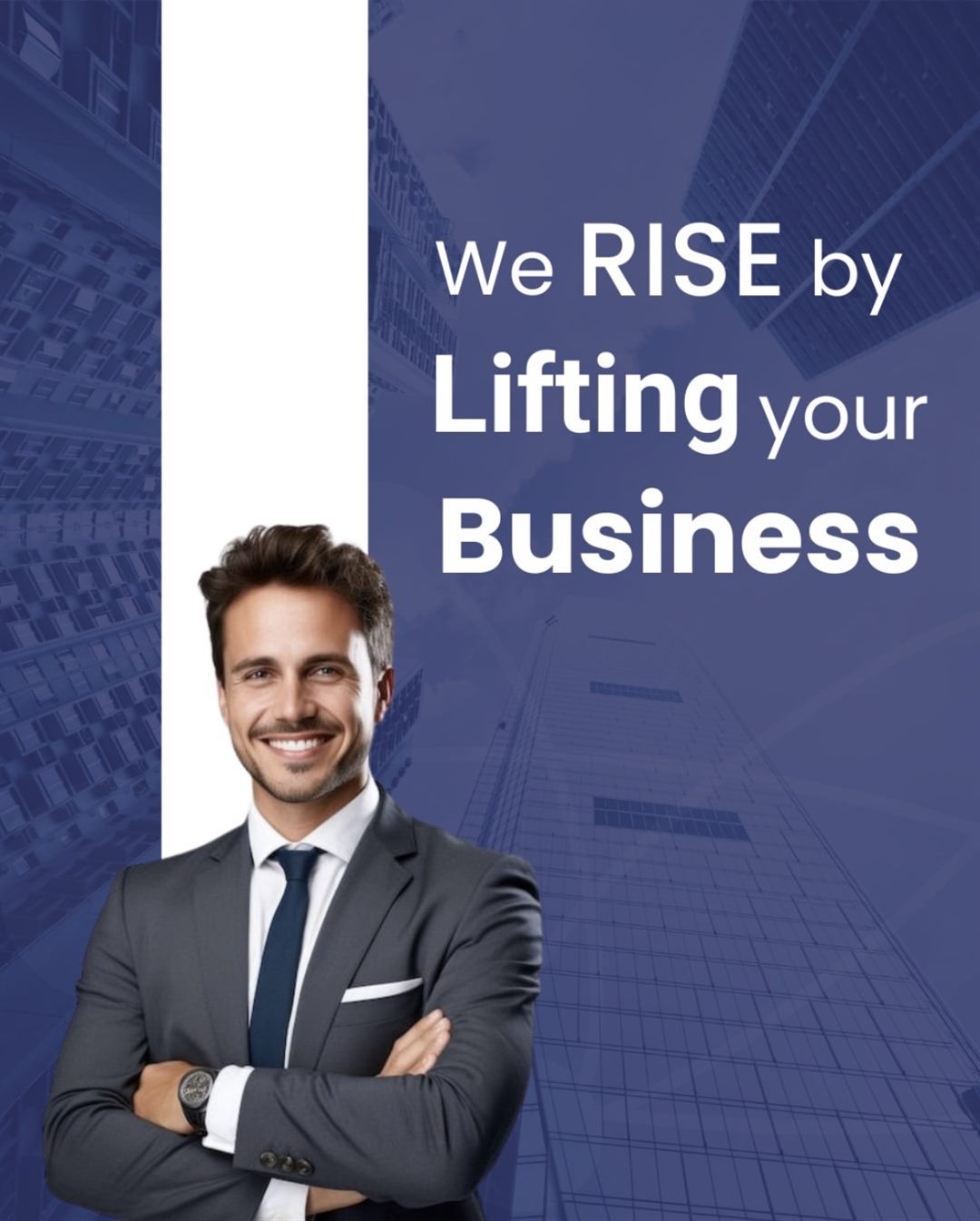 Centrum post: We rise by lifting your business, with a smiling businessman on a navy city background