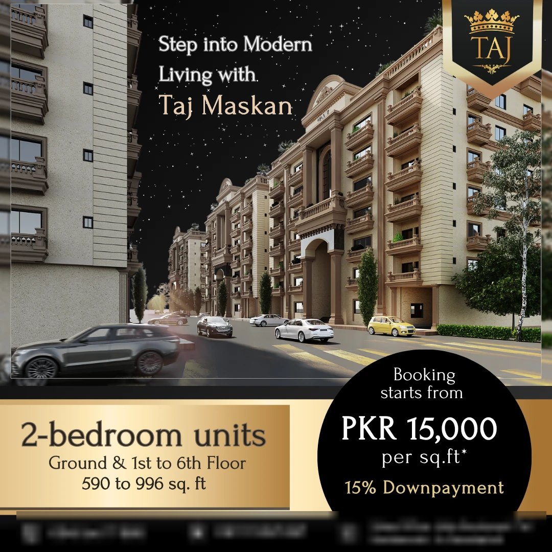 Taj Maskan offer post: 2-bedroom units, 590 to 996 sq ft, booking from PKR 15,000 per sq ft, 15% down payment