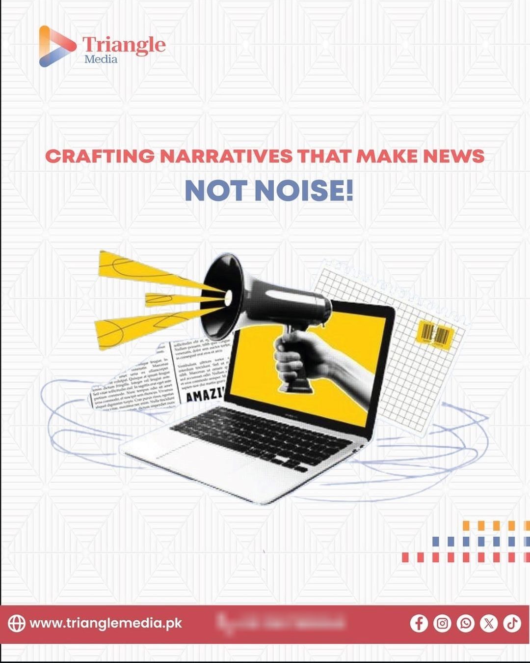Triangle Media post: Crafting narratives that make news, not noise. A megaphone comes out of a laptop