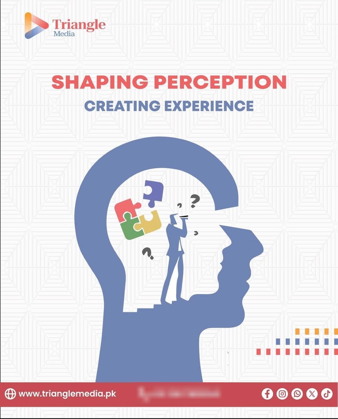 Triangle Media post: Shaping perception, creating experience. A figure inside a head silhouette with puzzle pieces