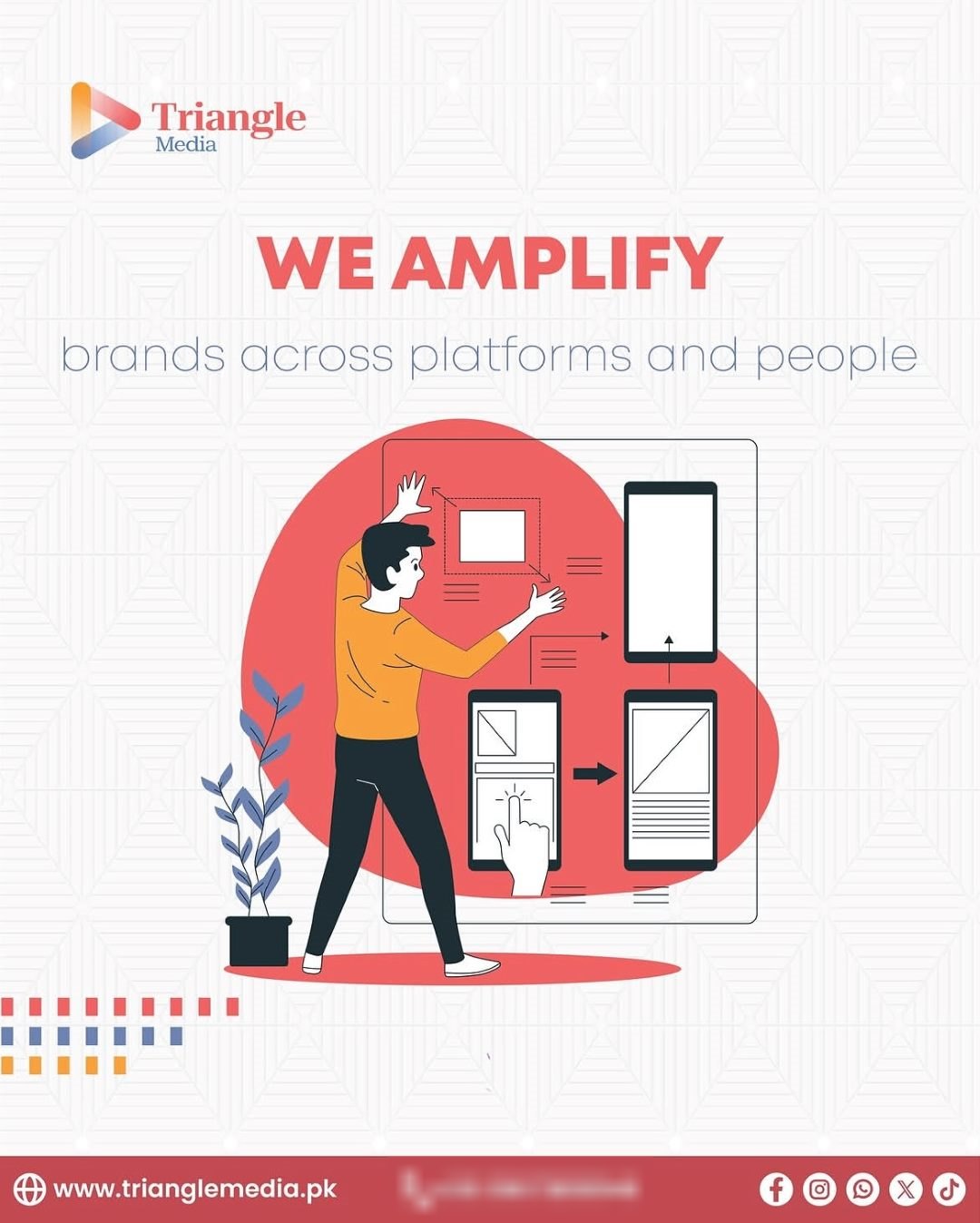 Triangle Media post: We amplify brands across platforms and people. A man arranges screens on a coral shape
